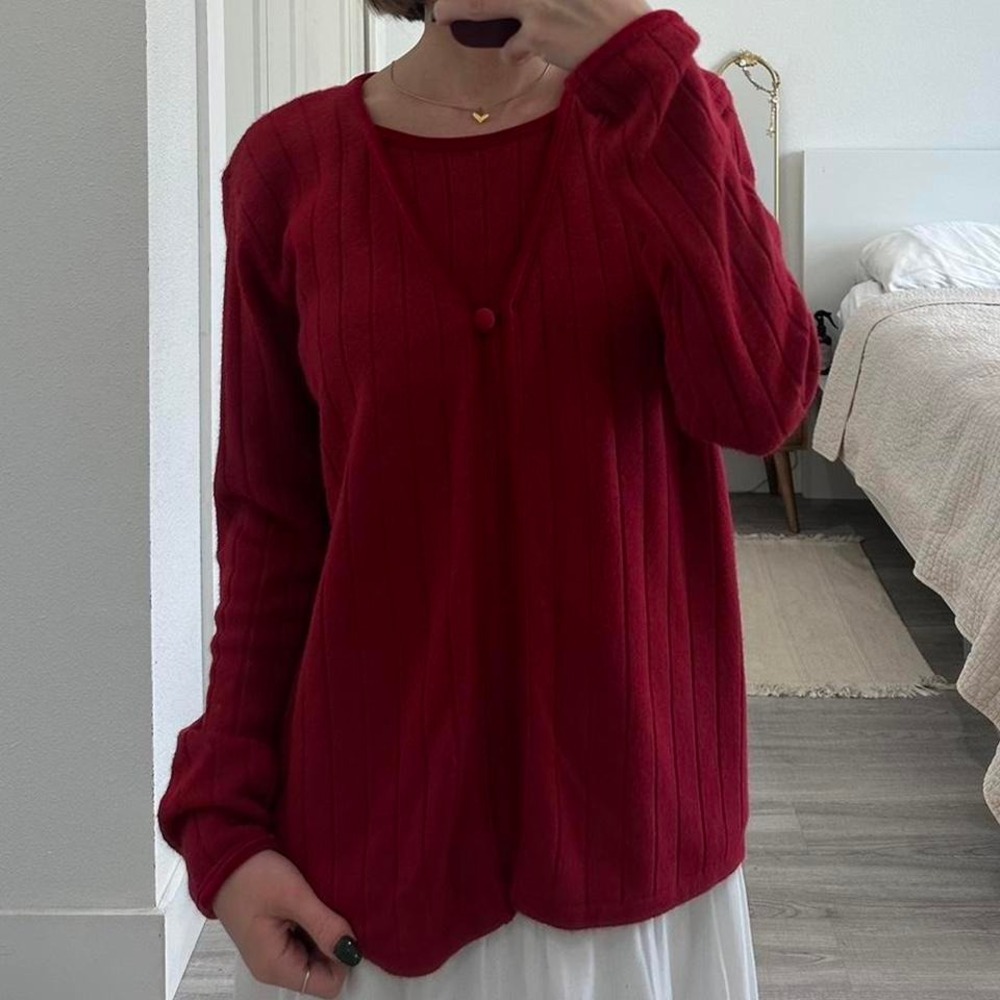 Red cardigan sweater